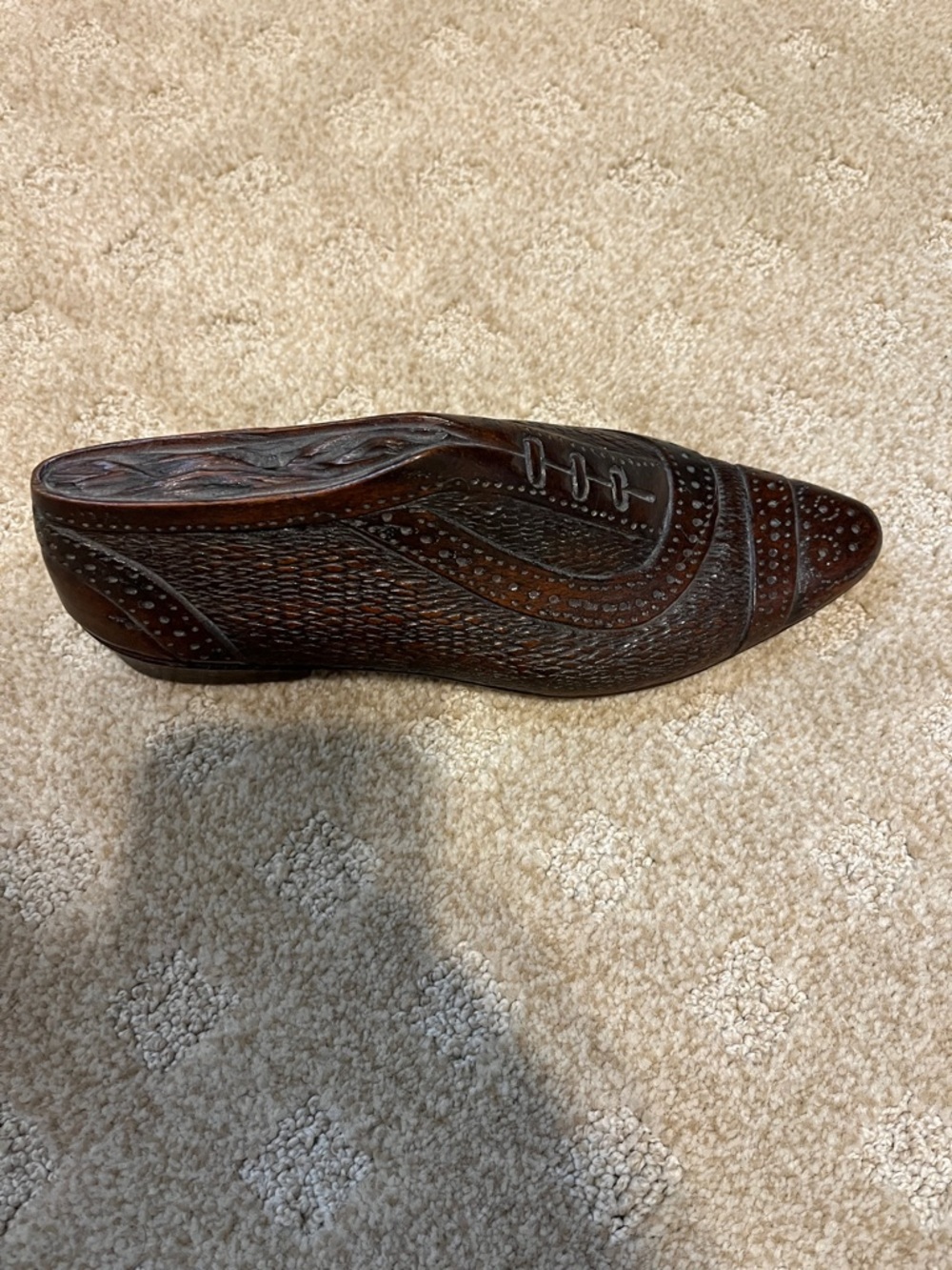 Hand Carved Brown Wood Wingtip door stop Signed on bottom of shoe